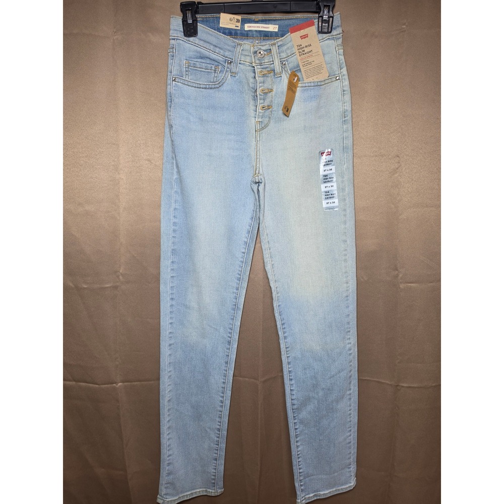 Levi's 724 High Rise Slim Straight Jeans Light Wash Bling Button Fly 27x32 NEW